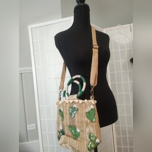 Tan and Green Crossbody Bag with Botanical  Cactus Design Detachable Strap Jute